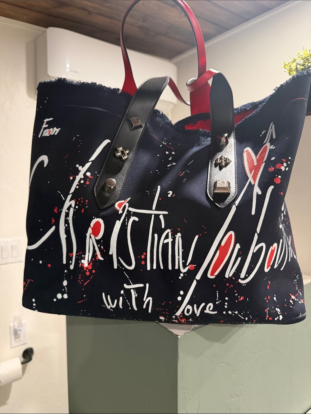 Christian Louboutin Navy Graffiti Tote with Red and White Accents
